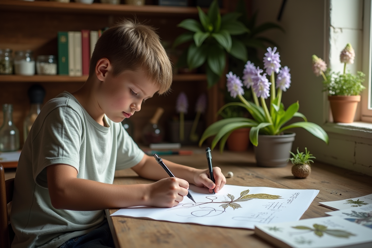 Jeune garçon dessinant une plante en intérieur avec étagères botaniques