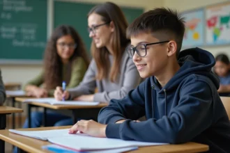 Jeune lyceen en classe discutant avec professeur
