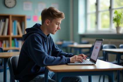 Jeune lyceen en hoodie assis à un bureau avec ordinateur en classe