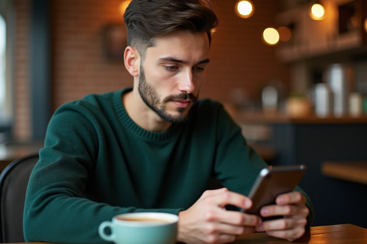 Jeune professionnel se connectant à l'espace personnel PSB sur smartphone depuis un café