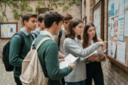 Groupe de jeunes bacheliers discutant devant un panneau d'université