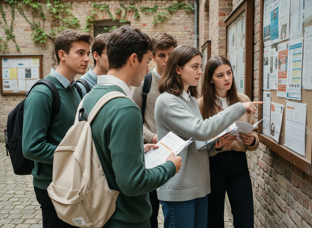 Groupe de jeunes bacheliers discutant devant un panneau d'université