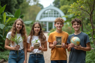 Quatre lycéens en jardin botanique avec objets scientifiques
