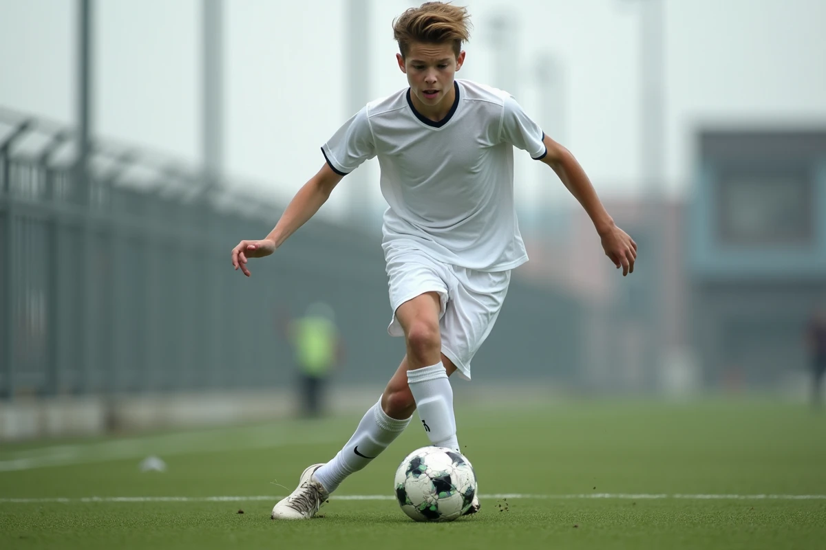 Jeune footballeur en plein dribble lors d'une séance de sélection au centre de formation de l'Olympique de Marseille