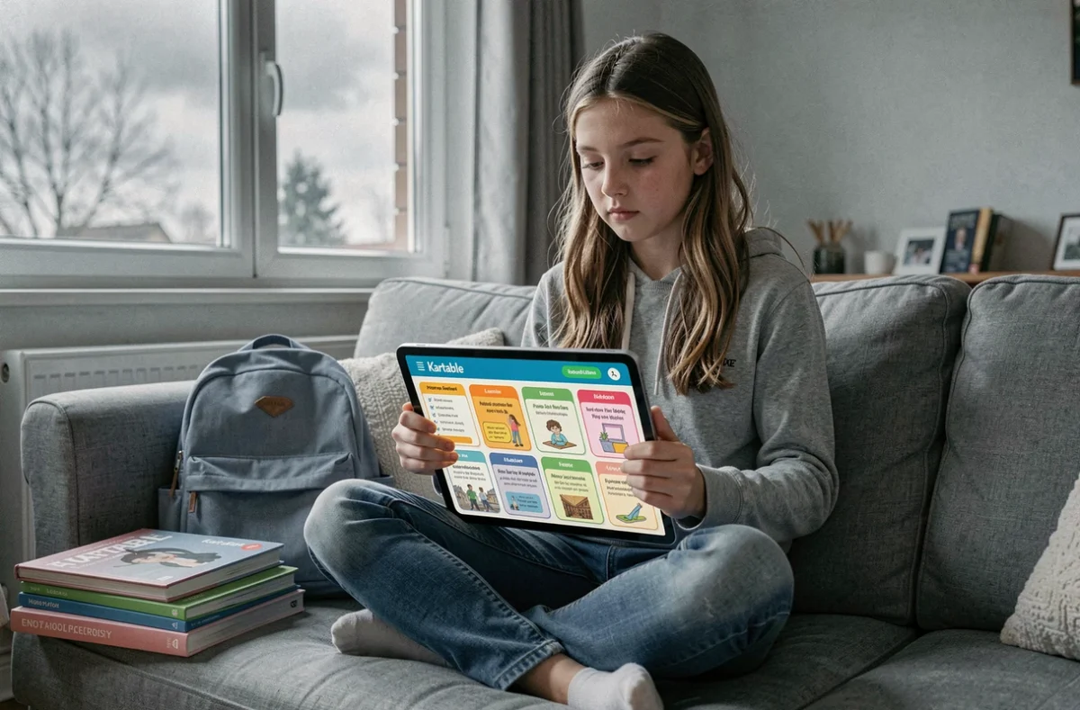 Lycéenne du Nord utilisant l'application Kartable sur tablette pour réviser ses cours d'histoire