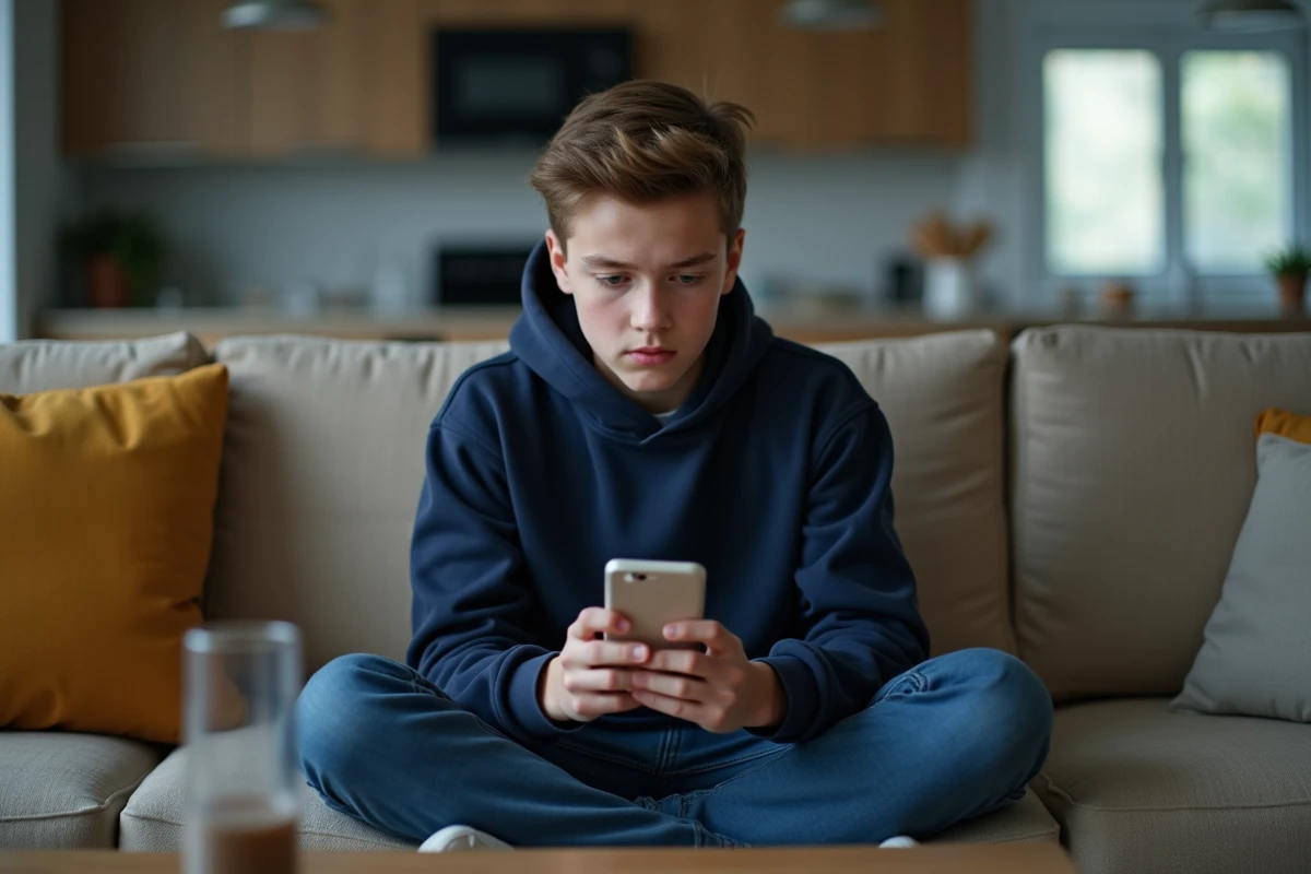 Adolescent accédant au livret scolaire numérique LSU sur smartphone depuis son salon