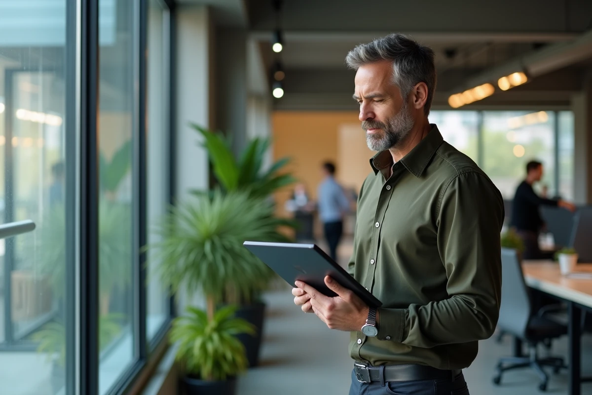 Enseignant ou parent consultant le portail LSU ac Versailles sur tablette dans un bureau professionnel