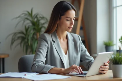 Femme consultant le logiciel LSU ac Versailles sur une tablette depuis son bureau à domicile