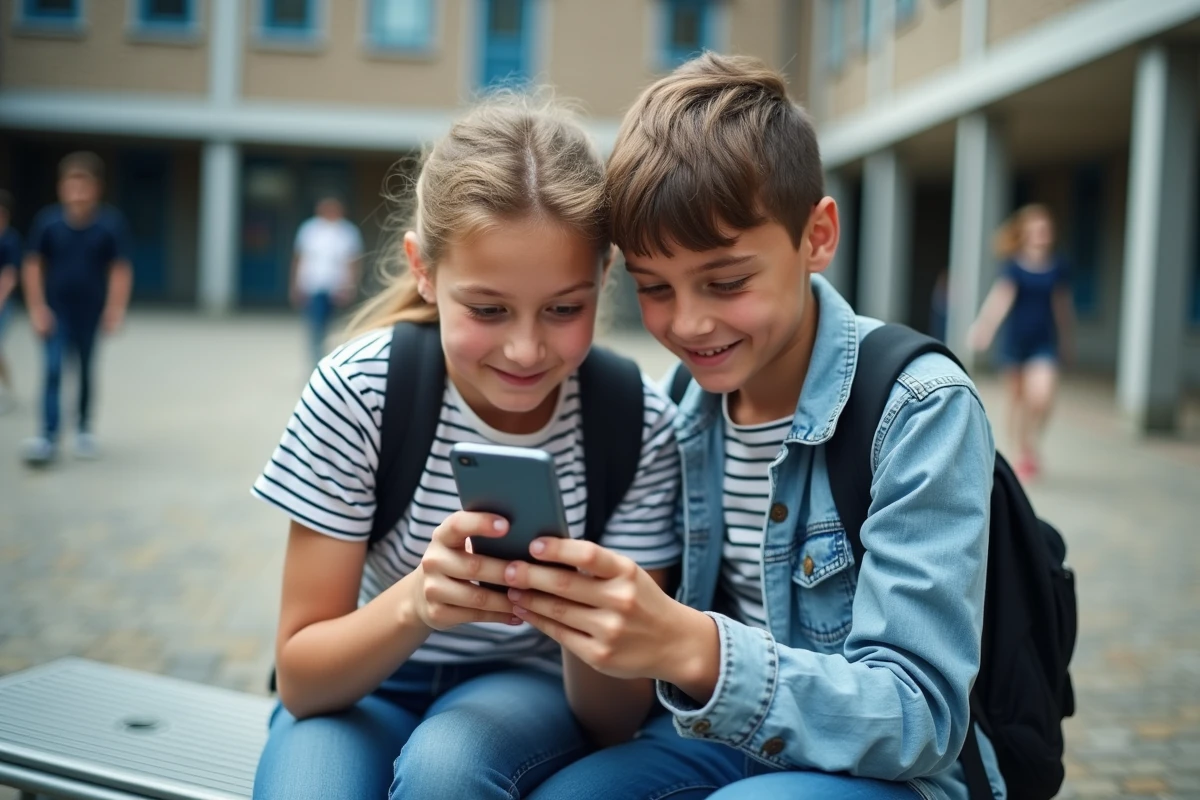 Deux lycéens consultant ensemble les résultats de l'examen ASSR sur un smartphone dans la cour d'école
