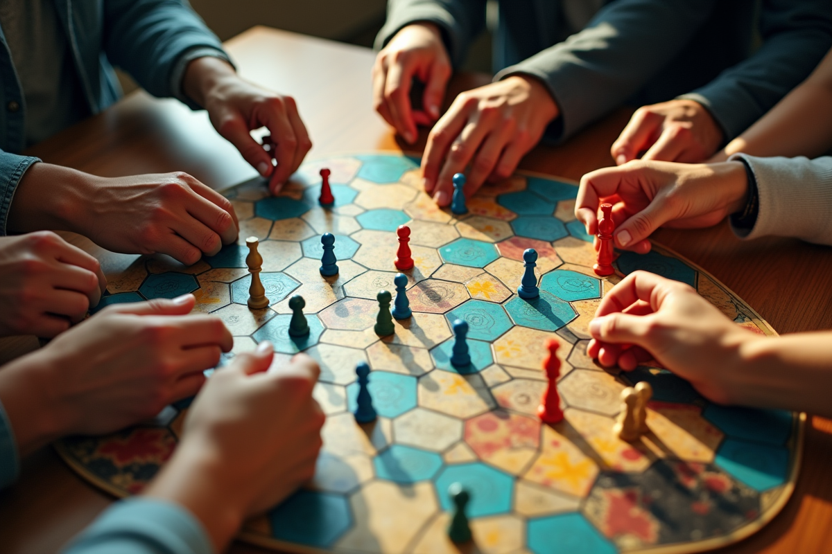 Mains déplaçant des pièces colorées sur un plateau de jeu