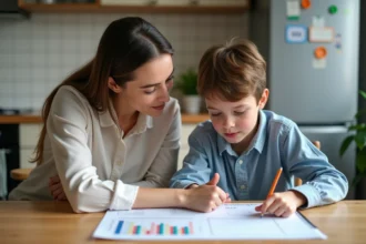 Mère et fils regardent un rapport scolaire coloré à la maison