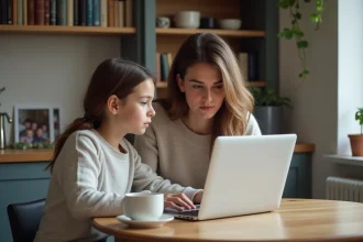 Maman et fille utilisant un ordinateur dans la cuisine en Auvergne