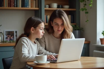 Maman et fille utilisant un ordinateur dans la cuisine en Auvergne