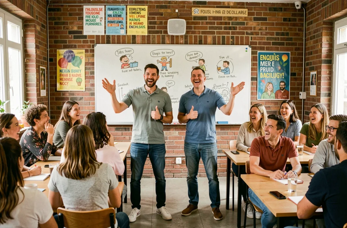 Deux instructeurs des Marmignon Brothers animant un cours d'anglais dynamique à Toulouse