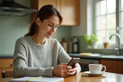 Mère consultant l'application Easy Scol sur son smartphone dans la cuisine le matin pour suivre la communication école-parents