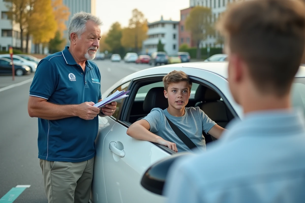 Moniteur d'auto-école debout près d'une voiture expliquant les règles du code de la route à un élève conducteur