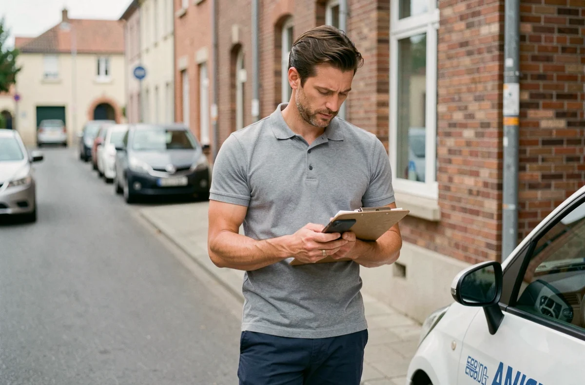 Moniteur d'auto-école consultant le planning ELGEAWEB sur son smartphone à côté d'un véhicule d'examen