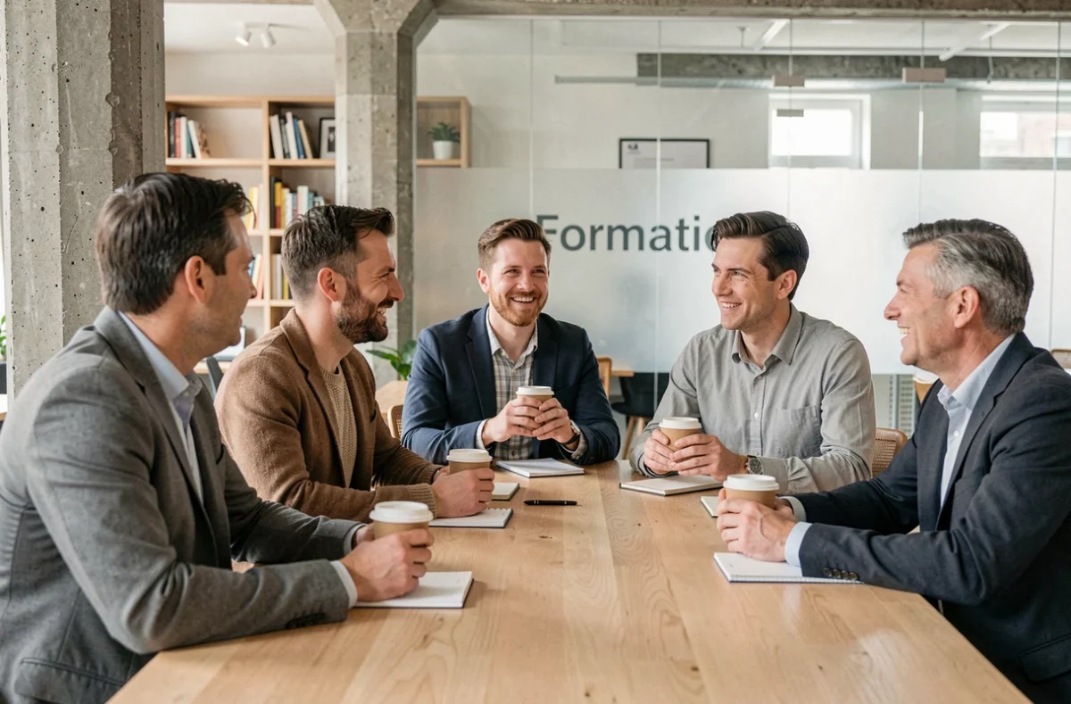 Groupe de professionnels en pause networking lors d'une conférence de formation digitale dans un espace coworking parisien