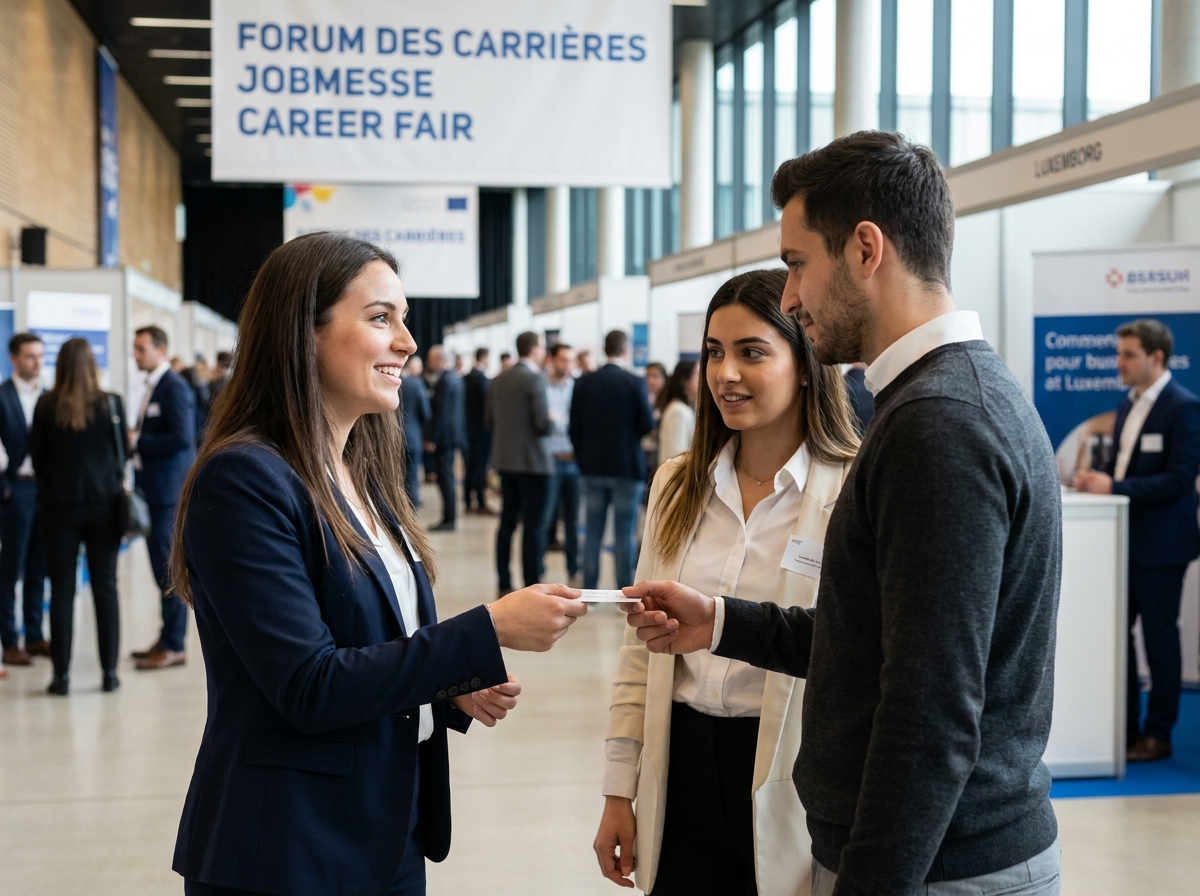 Groupe de jeunes professionnels en train de réseauter lors d'un salon de l'emploi au Luxembourg
