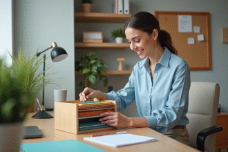 Femme organisée dans un bureau maison avec dossiers colorés