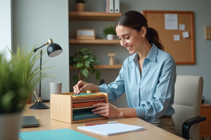 Femme organisée dans un bureau maison avec dossiers colorés