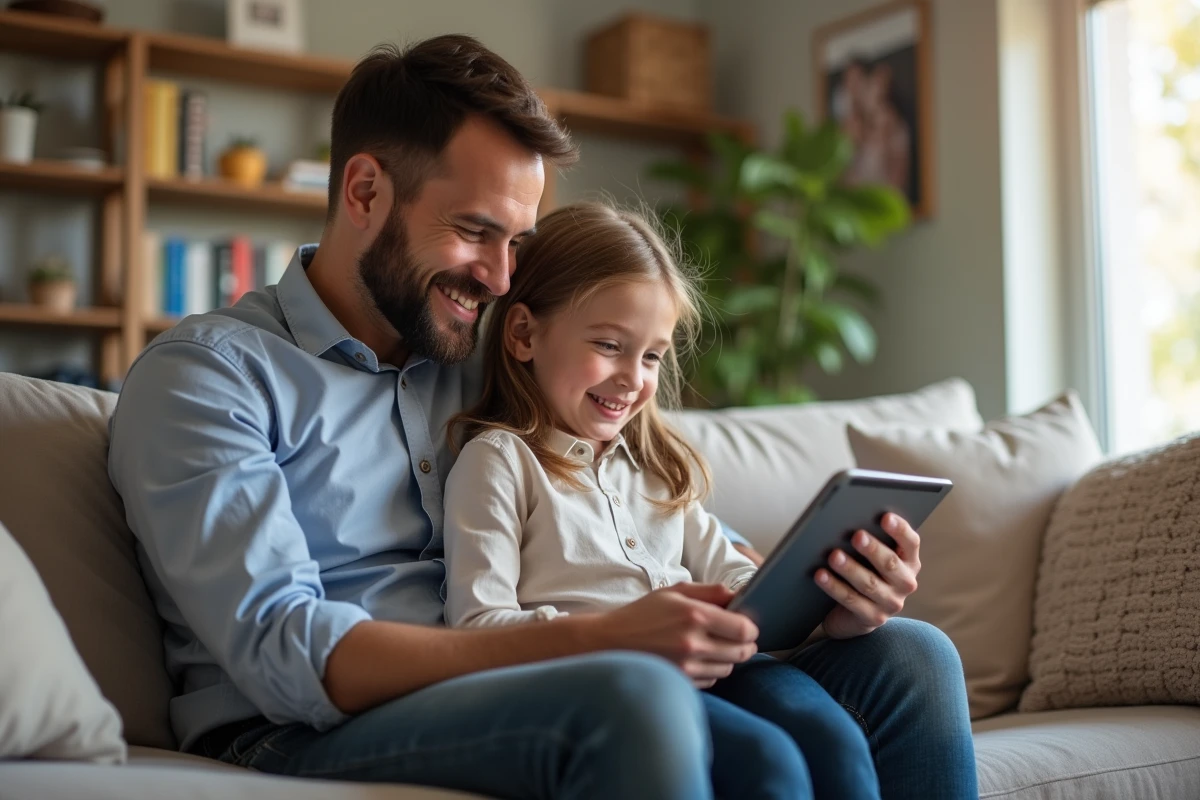 Père guidant sa fille sur une tablette dans le salon
