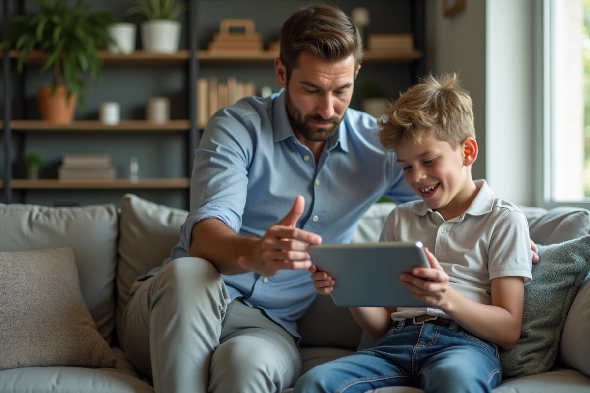 Pere et enfant discutant d un portail scolaire dans le salon