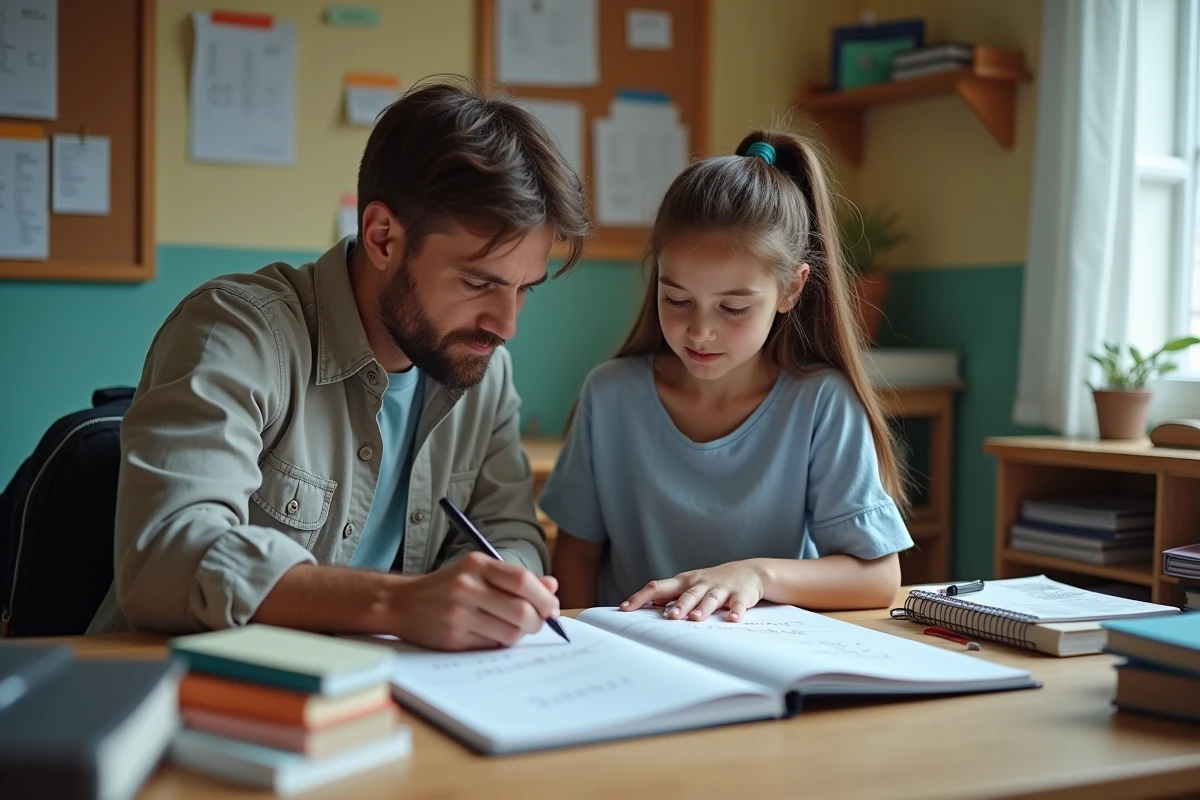 Père et fille étudient ensemble avec un cahier et des livres