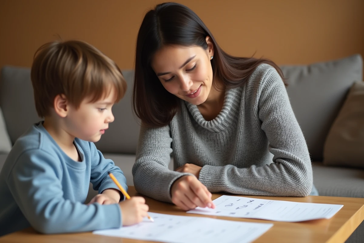 Parent aidant son enfant de CE1 à compléter un exercice imprimé dans le salon
