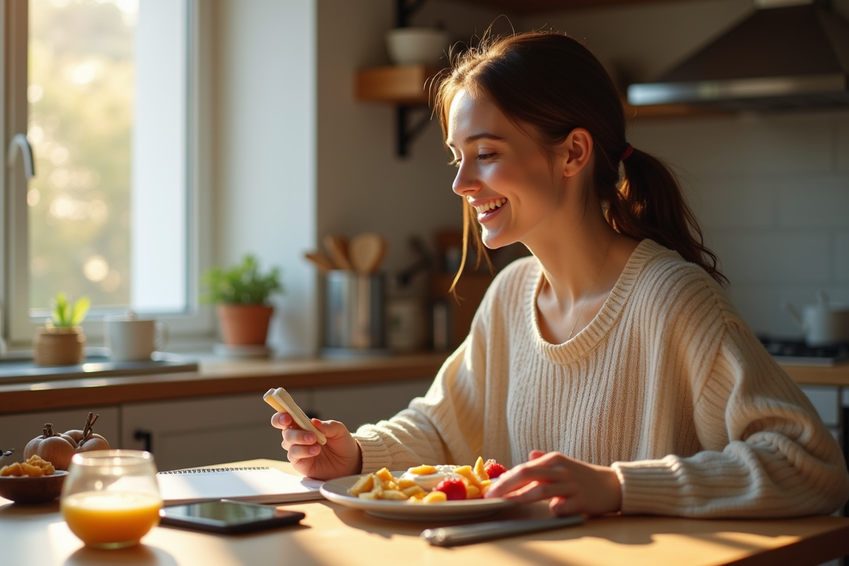 Jeune femme dégustant un petit déjeuner sain à la maison
