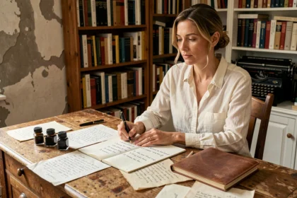 Femme poète écrivant une strophe de six vers dans un bureau parisien entouré de manuscrits de poésie française