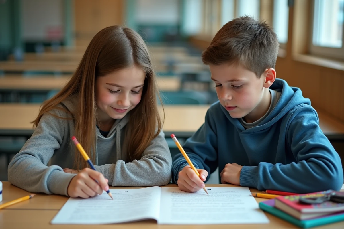 Deux élèves préparant ensemble le discours de candidature au poste de délégué de classe autour d'un brouillon manuscrit