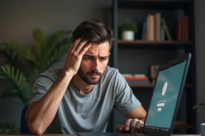Homme frustré devant son ordinateur portable avec un message d'erreur de mot de passe sur l'écran