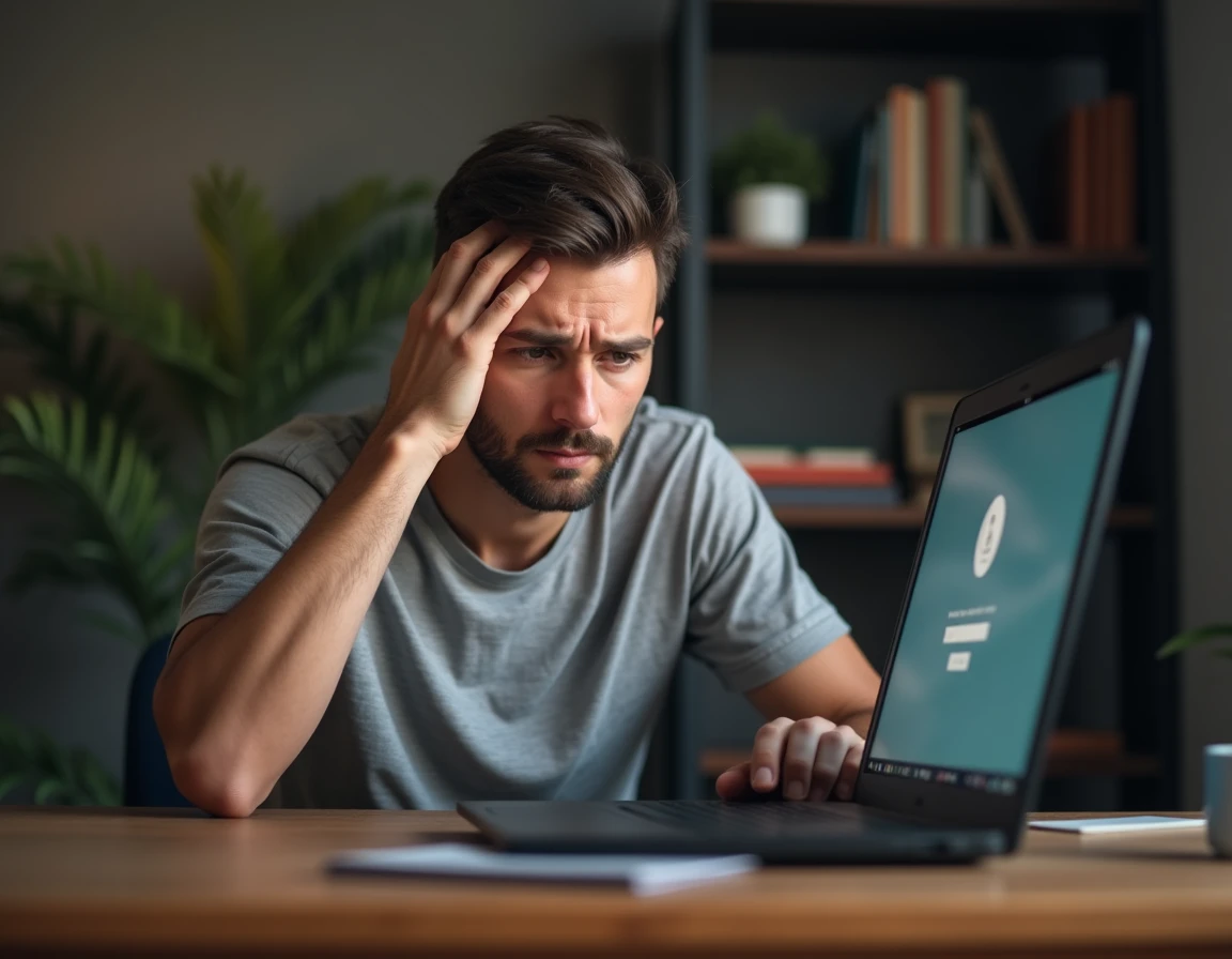 Homme frustré devant son ordinateur portable avec un message d'erreur de mot de passe sur l'écran