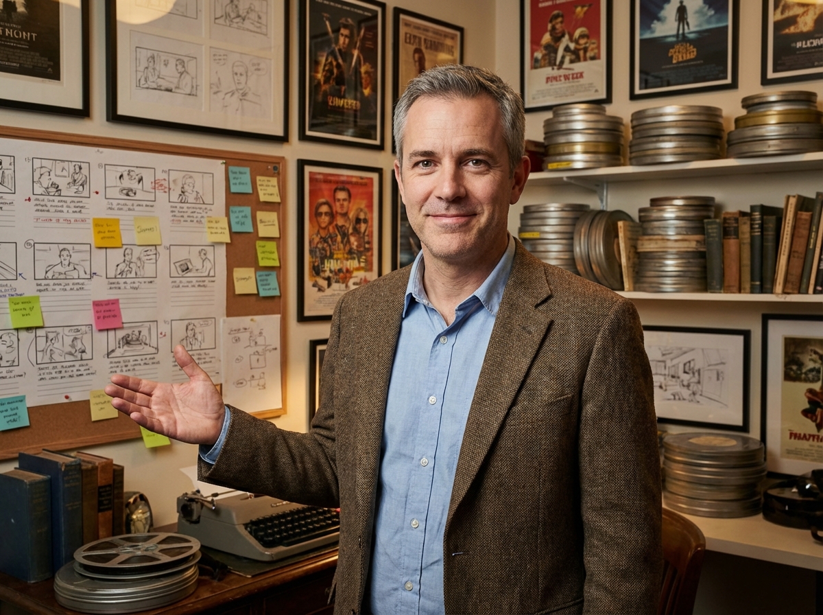 Professeur de cinéma devant un tableau de storyboards
