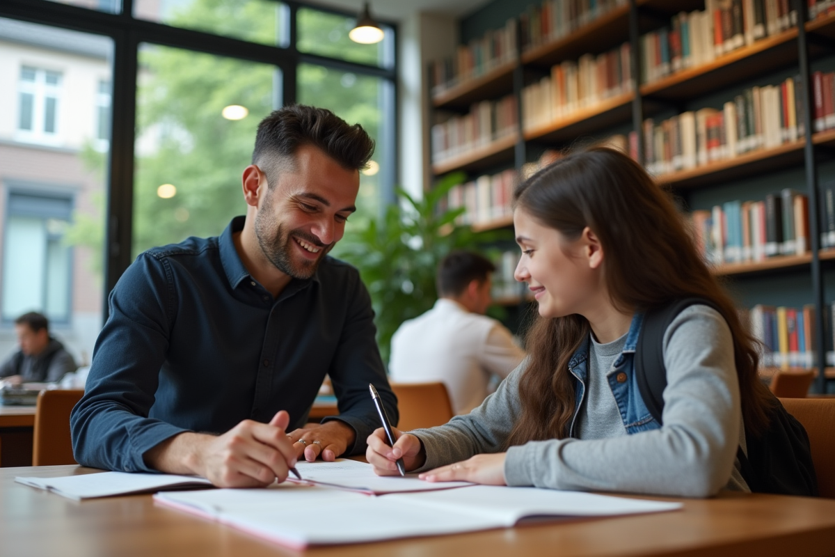 Professeur aidant une élève au library avec livres et plantes