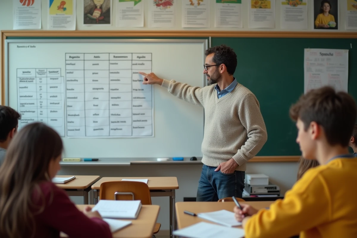 Professeur montre la conjugaison espagnole à des élèves