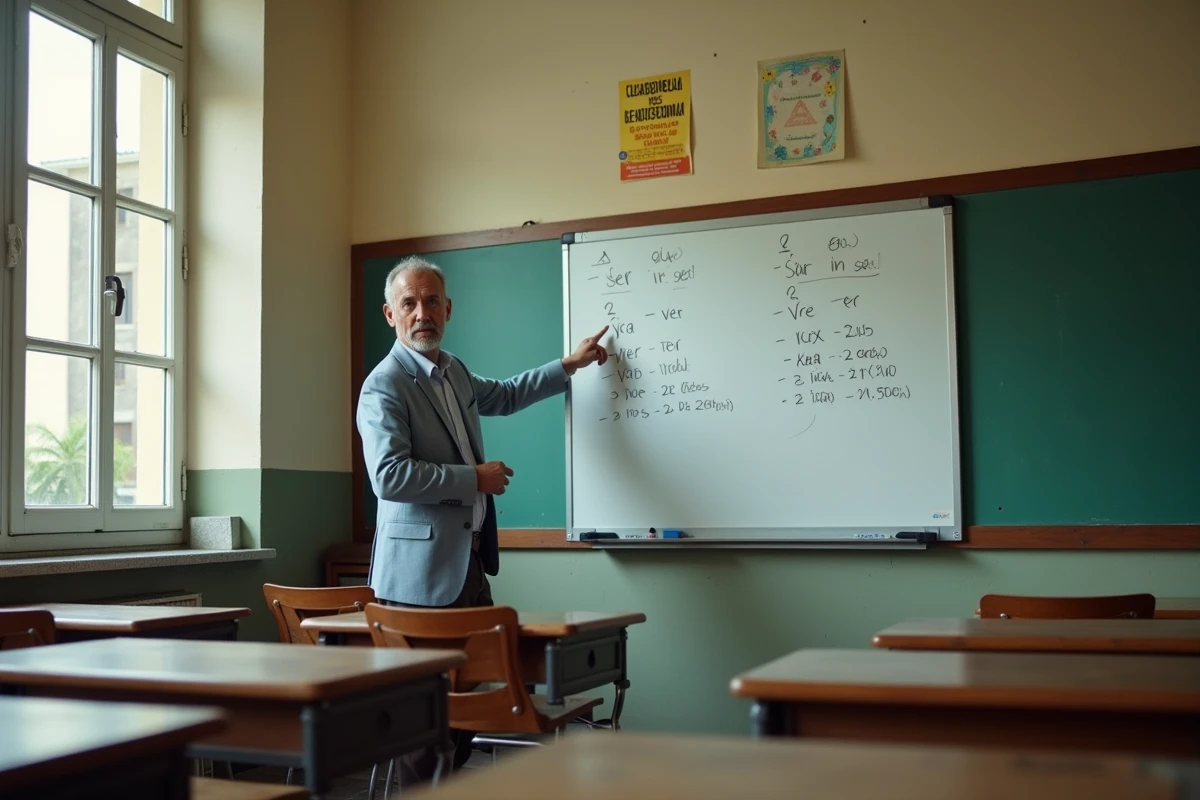 Professeur expliquant les conjugaisons à l'imparfait espagnol des verbes ser, ir et ver sur un tableau blanc en salle de classe