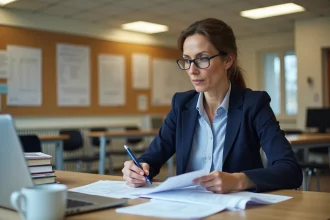 Professeure en salle des professeurs consultant ses fiches de paie et documents sur les primes et indemnités enseignantes