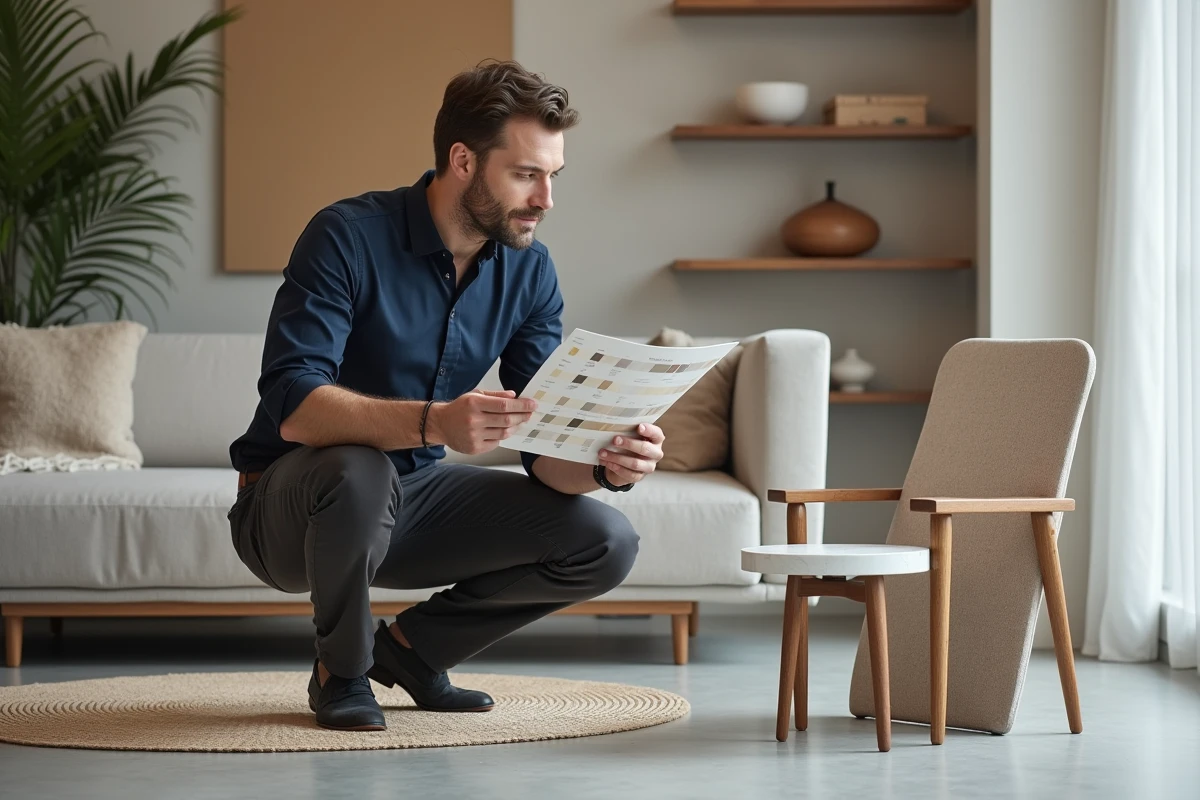 Professionnel en formation aménagement intérieur comparant des échantillons de couleurs et de matériaux dans un showroom de décoration