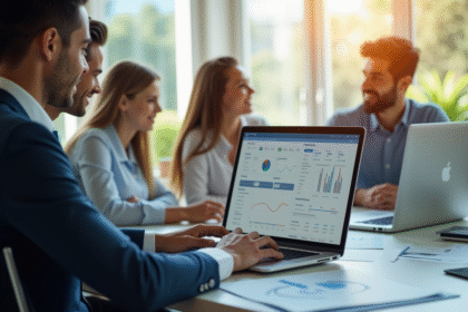 Professionnels en réunion dans un bureau lumineux avec tableau de bord digital