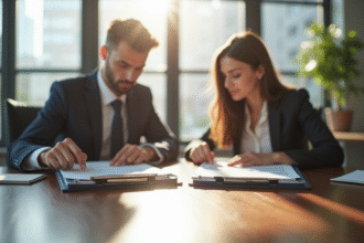 Deux professionnels d'affaires comparant des dossiers INPI et Legalstart