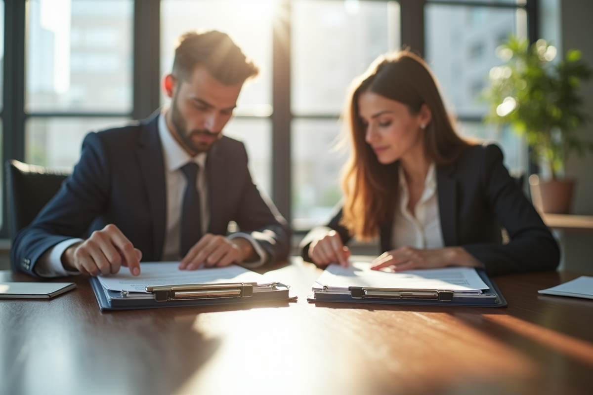 Deux professionnels d'affaires comparant des dossiers INPI et Legalstart