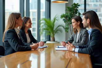 Quatre professionnels en réunion dans un bureau moderne