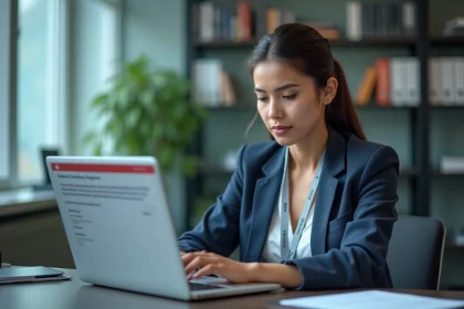 Femme universitaire examinant un email de phishing suspect sur son ordinateur portable dans un bureau académique