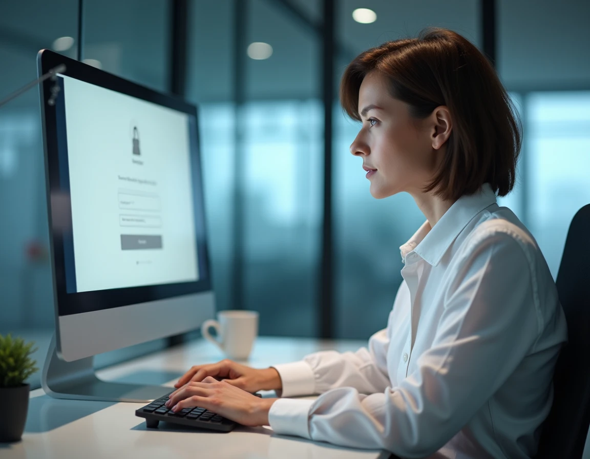 Femme au bureau essayant de récupérer son mot de passe sur un écran de connexion