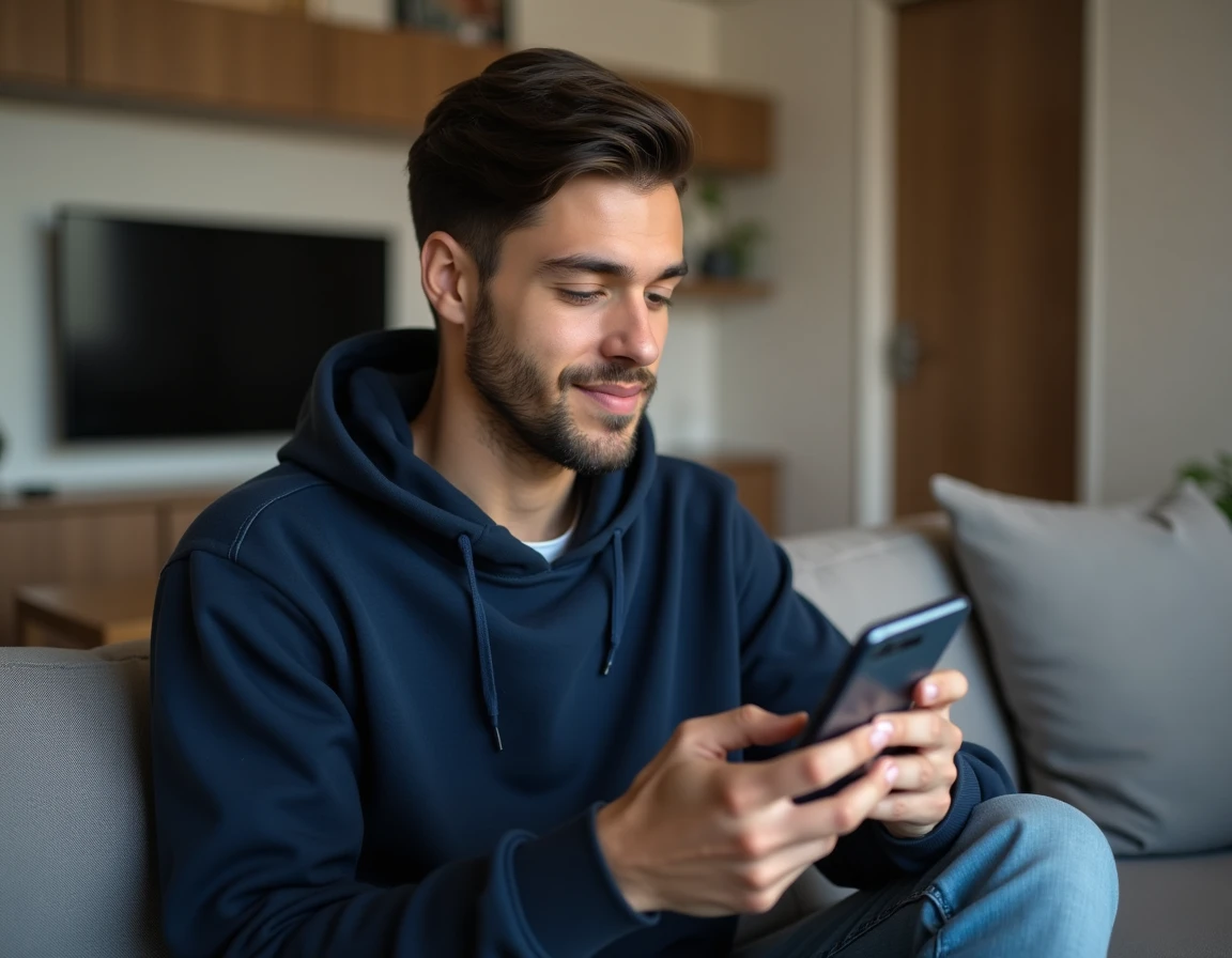 Jeune homme réinitialisant son mot de passe depuis son smartphone sur un canapé