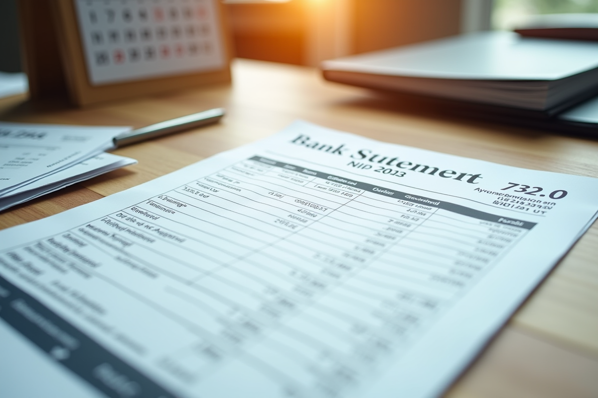 Relevé bancaire avec calendrier et stylo sur un bureau en bois