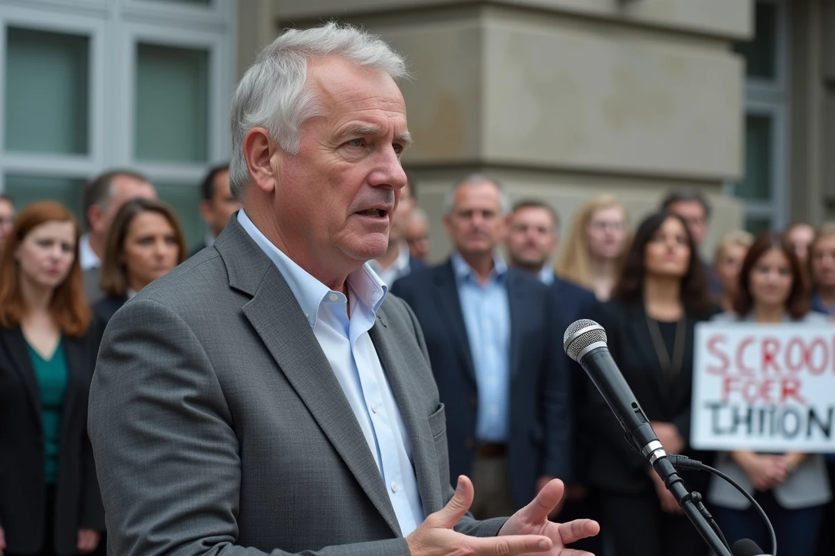 Représentant syndical enseignant prenant la parole devant une assemblée de professeurs lors d'un rassemblement sur le Pacte enseignant 2026