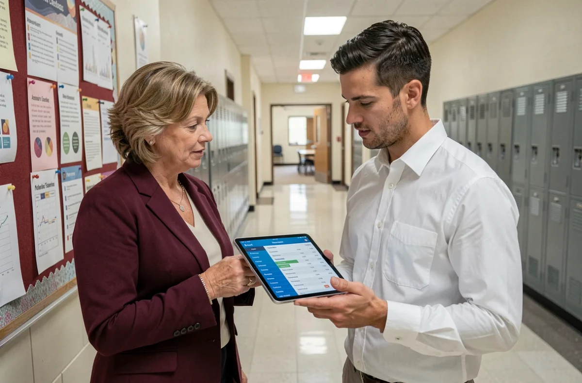 Deux responsables scolaires collaborant sur une tablette numérique dans un couloir d'école pour la gestion administrative sans papier